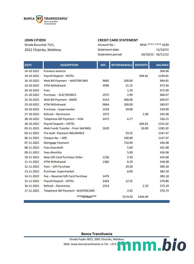 Mołdawia Banca Transilvania wyciąg bankowy Excel i szablon PDF